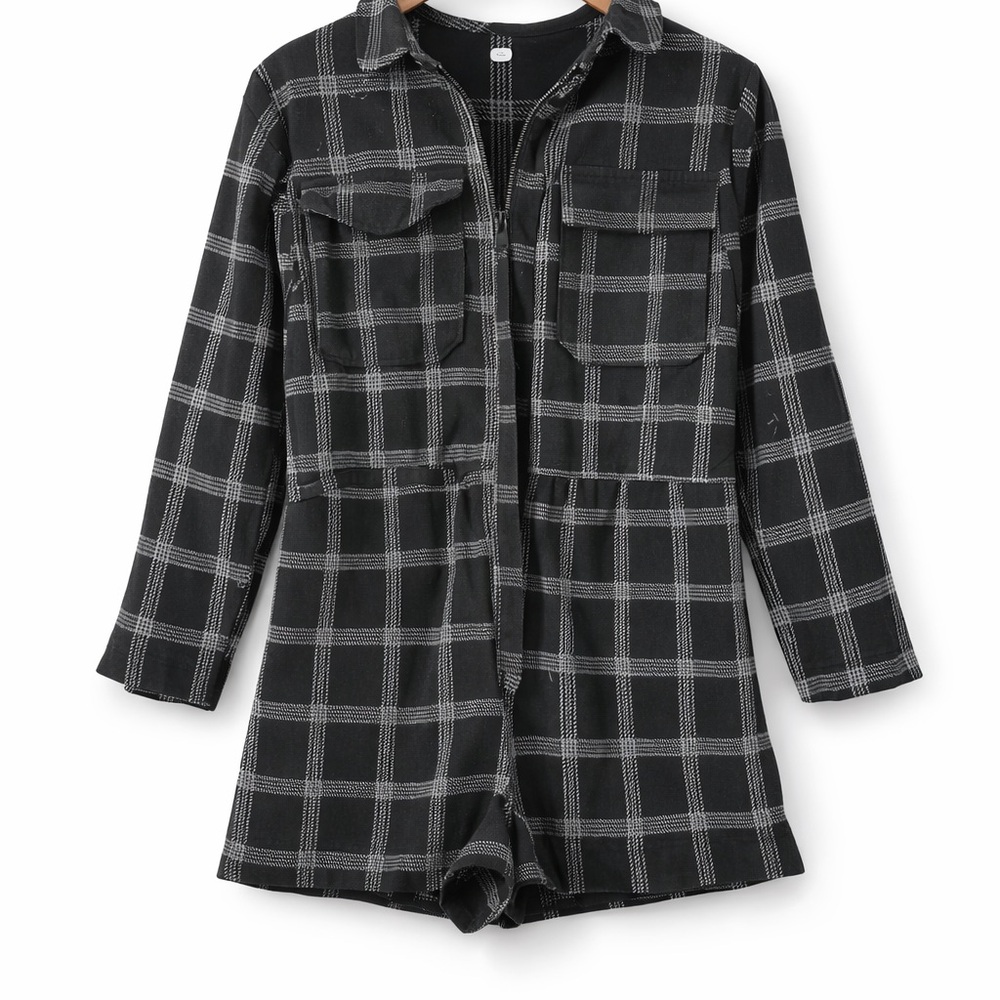 Zara Black Plaid Utility Romper Long Sleeve Pocket One Piece Size Small